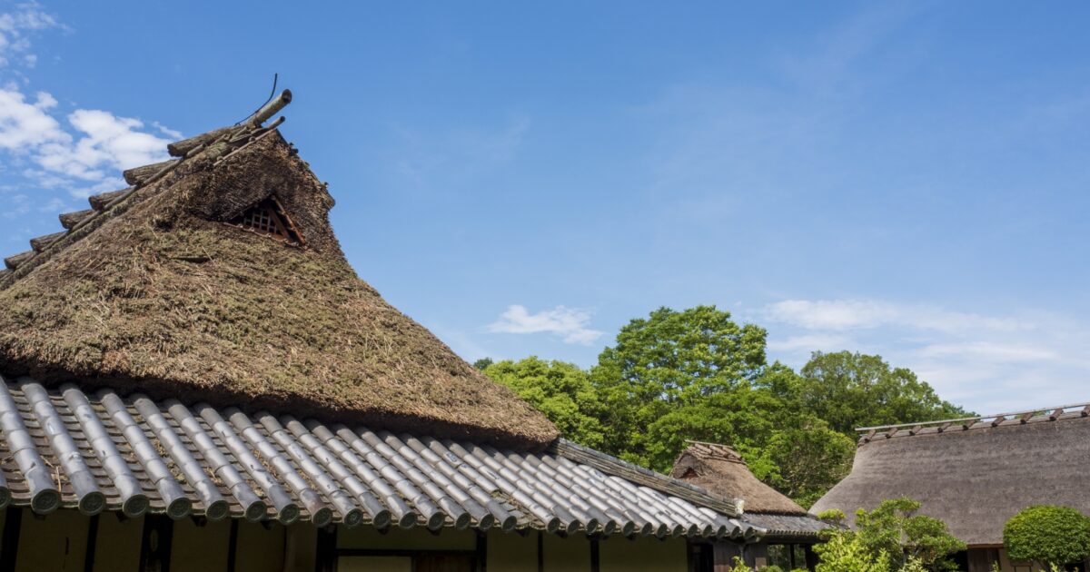 茅葺き屋根と瓦屋根の古民家群