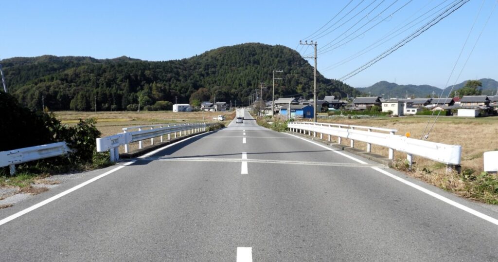 田舎道と山並みが広がる日本の風景