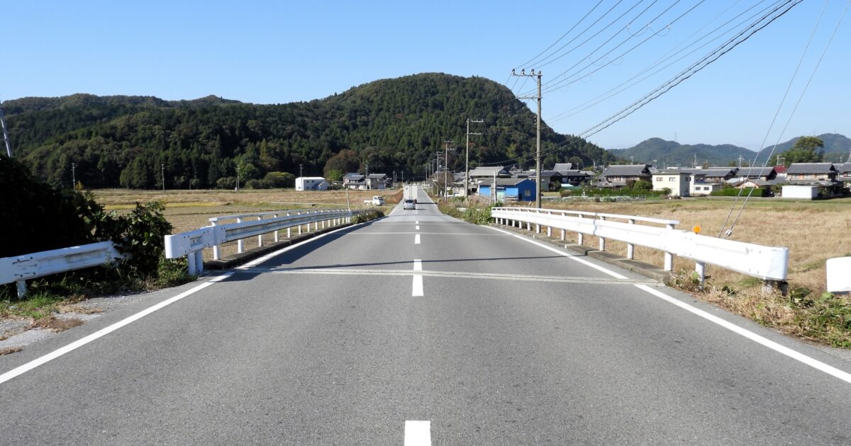 田舎道と山並みが広がる日本の風景