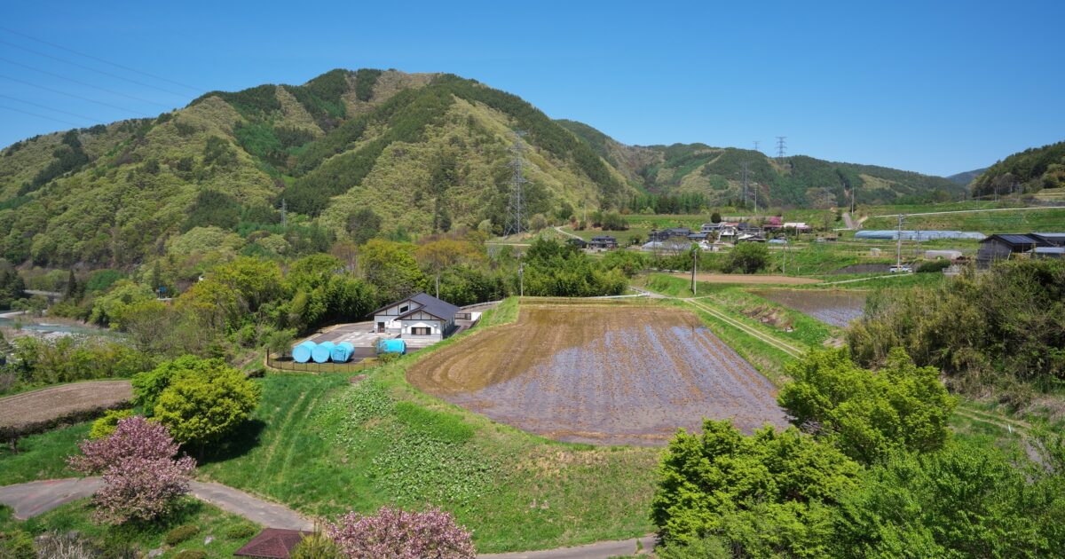 棚田と山に囲まれた日本の農村風景